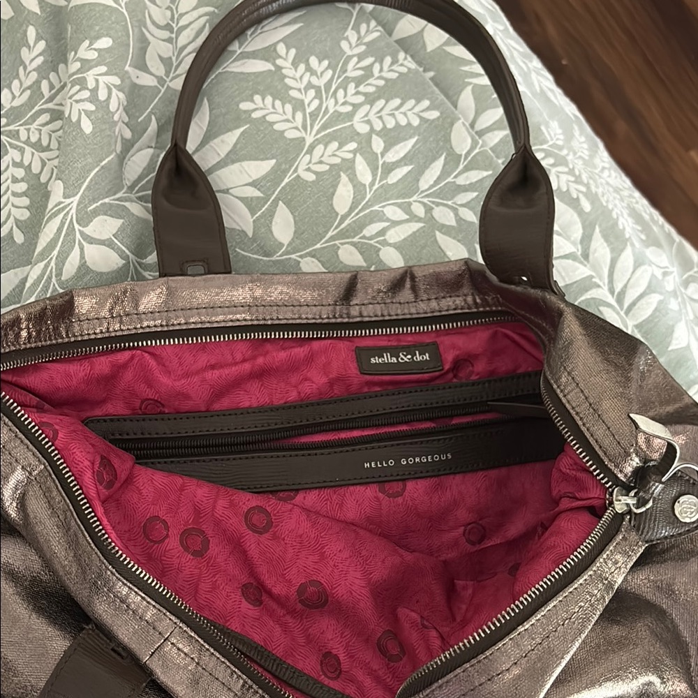 Stella & Dot Brown and Pink Tote Bag with Vibrant Interior